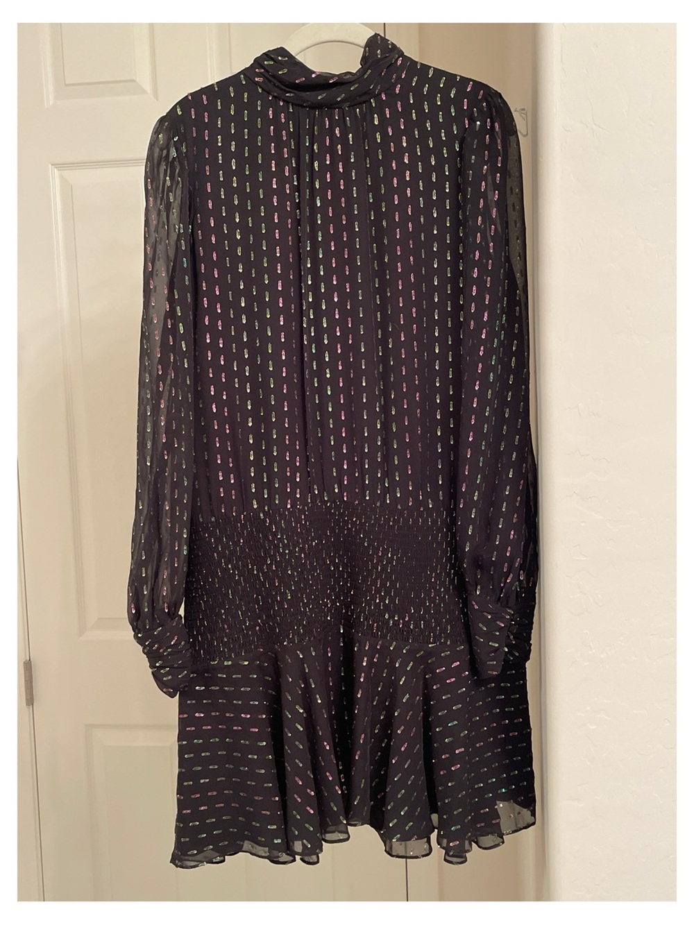 Monique Lhuillier Black Long-Sleeve Dress with Subtle Pink and Green Dot Pattern